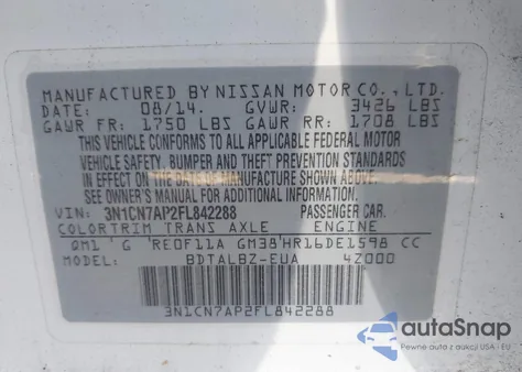 2015 Nissan Versa 1.6 S/1.6 S+/1.6 Sl/1.6 Sv из США, поврежденный, VIN 3N1CN7AP2FL842288